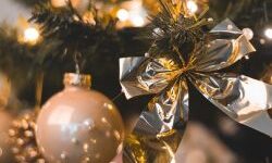 Silver and gold Christmas tree decorations and lights