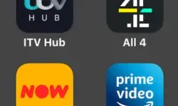 Streaming service apps - Itv hub, Channel 4, Now TV, Prime Video, Netflix, Disney Plus and My 5 - on a grey background