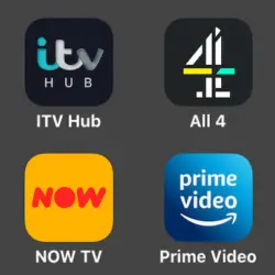 Streaming service apps - Itv hub, Channel 4, Now TV, Prime Video, Netflix, Disney Plus and My 5 - on a grey background